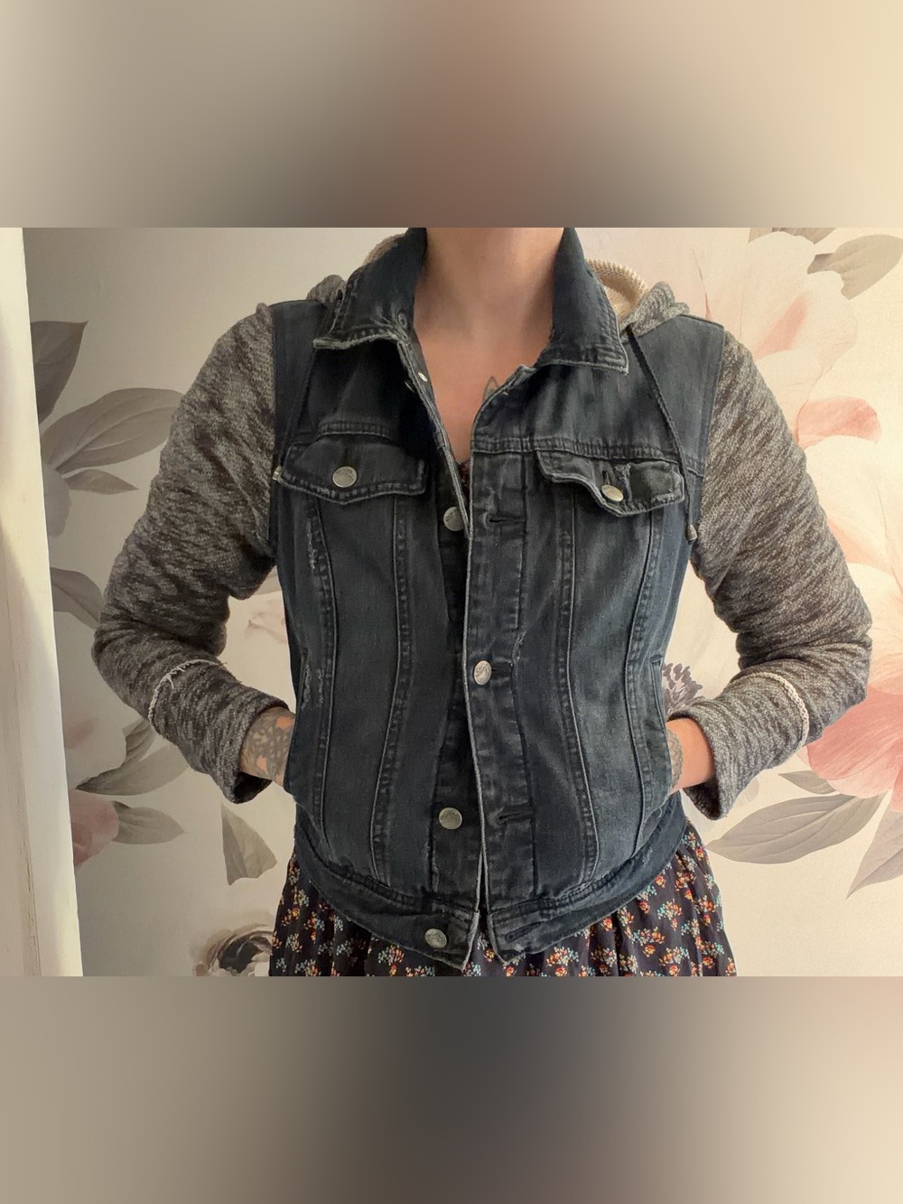 Free People dark blue Denim Jacket with Gray Knit Sleeves size small